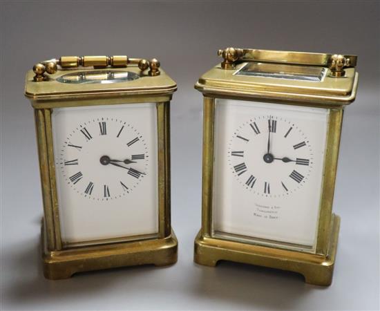 Two French brass carriage timepieces